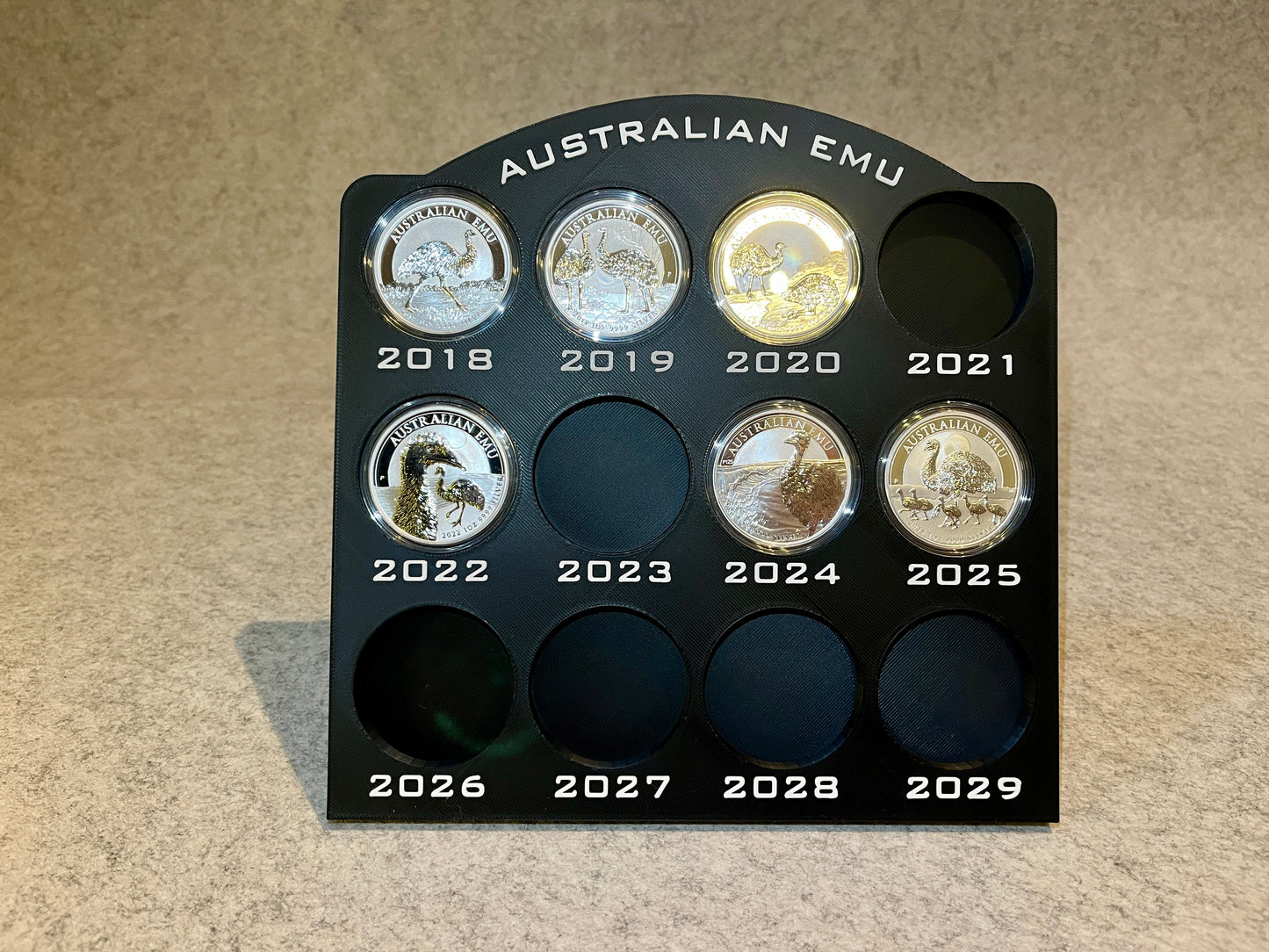 Display ställ för 12 1oz silvermynt Australian Emu samling