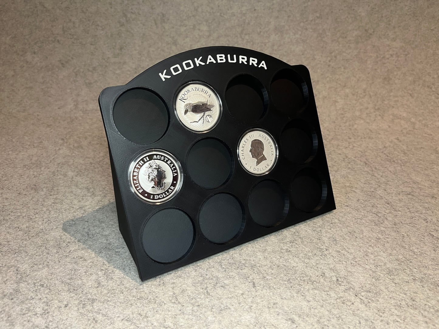 Display ställ för 12 1oz silvermynt Australian Kookaburra samling